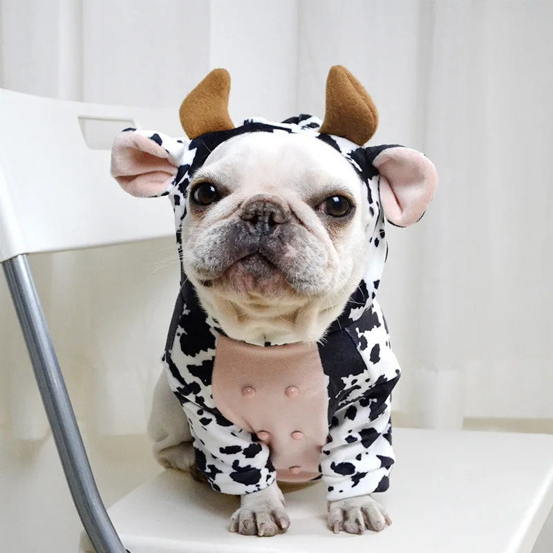 Cow shape dog clothes in black and white velvet, shown for sizes S, M, and L pet outfit