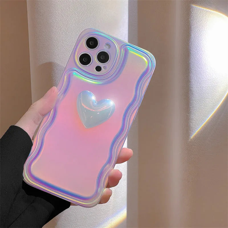 Silicone iPhone case with laser heart 3D air cushion design in three-dimensional love colour