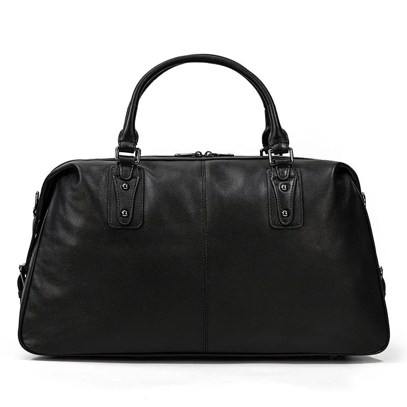 Men's retro genuine leather travel bag in black, 50cm x 18cm x 28cm large capacity holdall for business travel