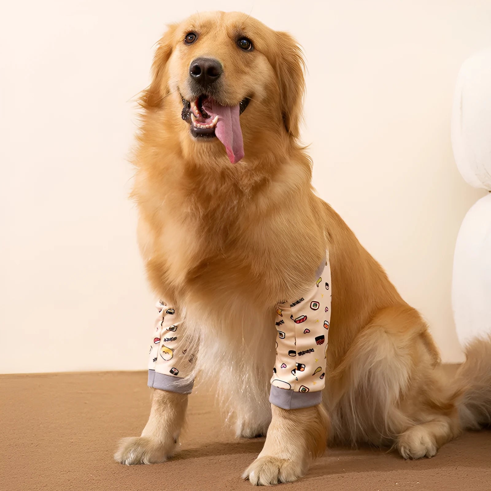 Adjustable dog knee protector wrap with thick elbow padding and matching scarf in blue, grey, or yellow