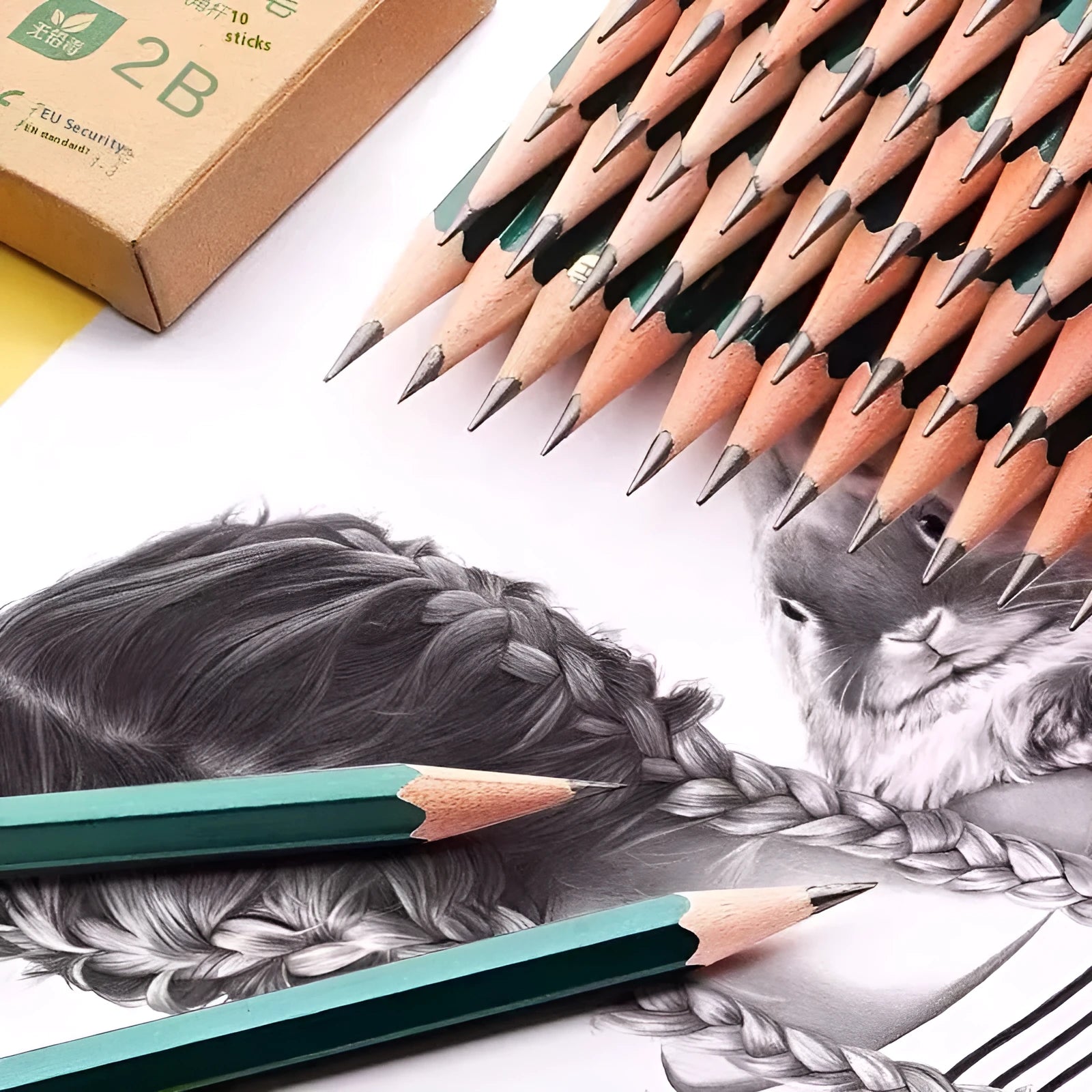 Box of 10 green hexagonal wooden pencils with HB and 2B graphite grades