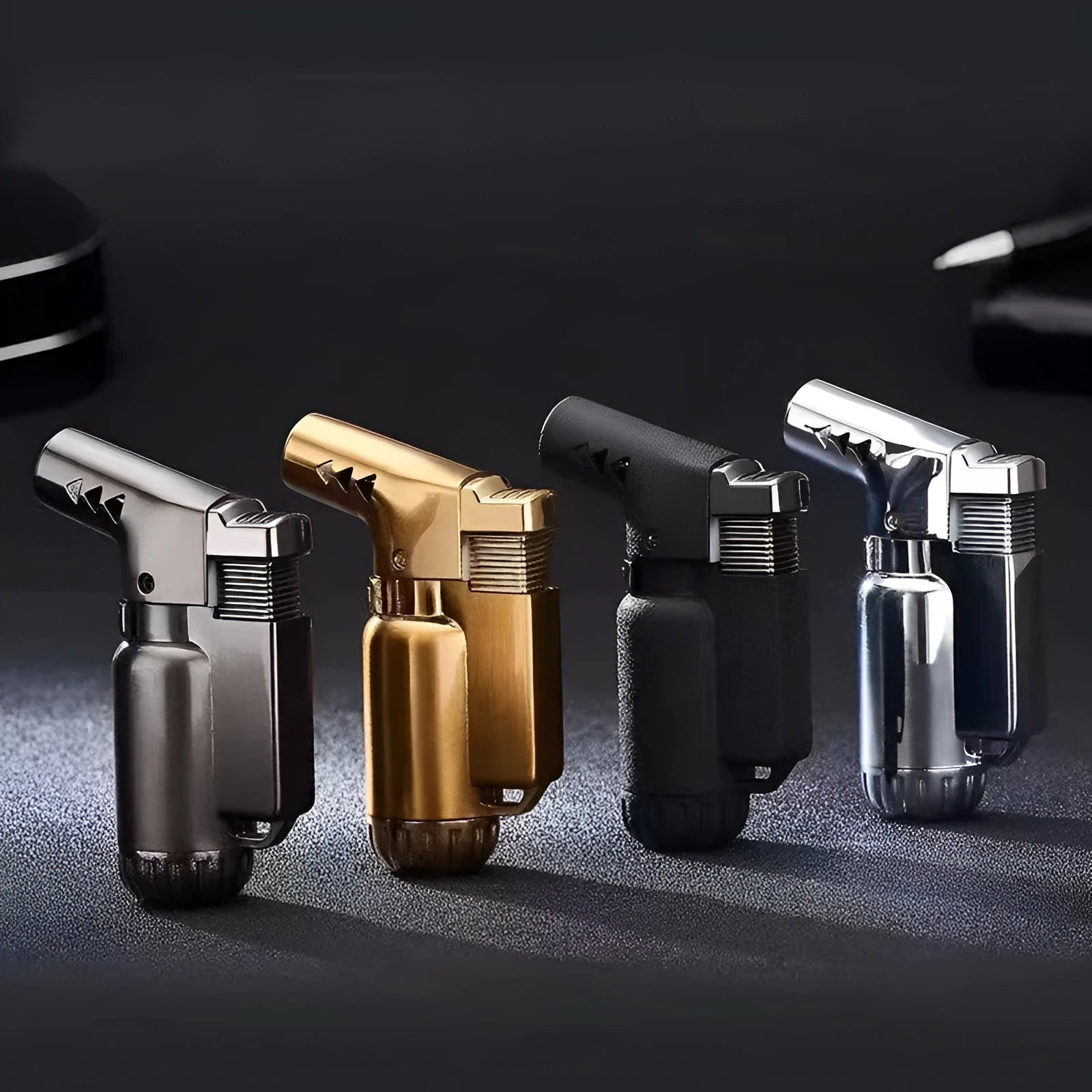 HB805-1 full metal straight punch windproof lighter in black, gold, grey, or silver finish.