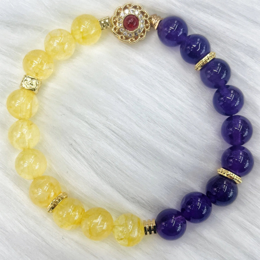 Handmade yellow and purple crystal bracelet with amethyst beads for women