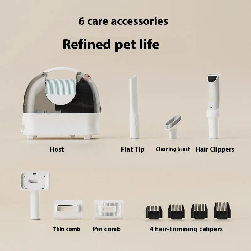 Pink and white multifunctional pet hair vacuum cleaner with electric shaver attachment and accessories.