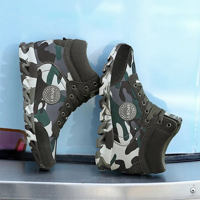 Green camouflage pattern on women's canvas casual sneakers with a rubber sole.
