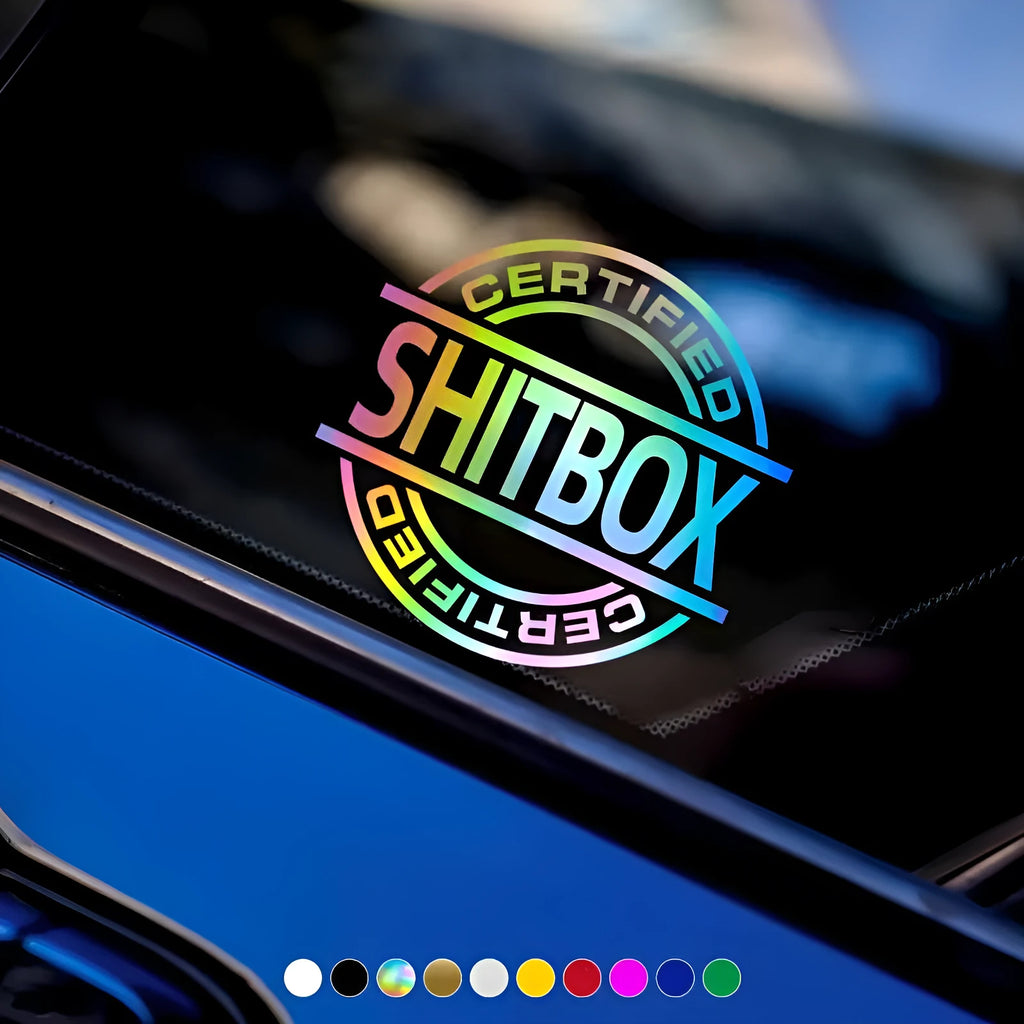 13x12cm vinyl car body sticker showing available colour options including black, white, silver, gold, red, yellow, blue, green, glitter and multicolour