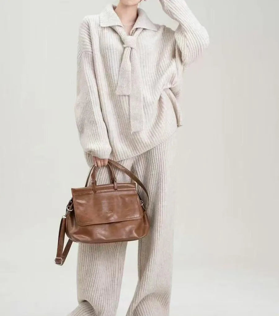 Women's beige imitation cashmere sweater suit two-piece set with knitting top and casual trousers