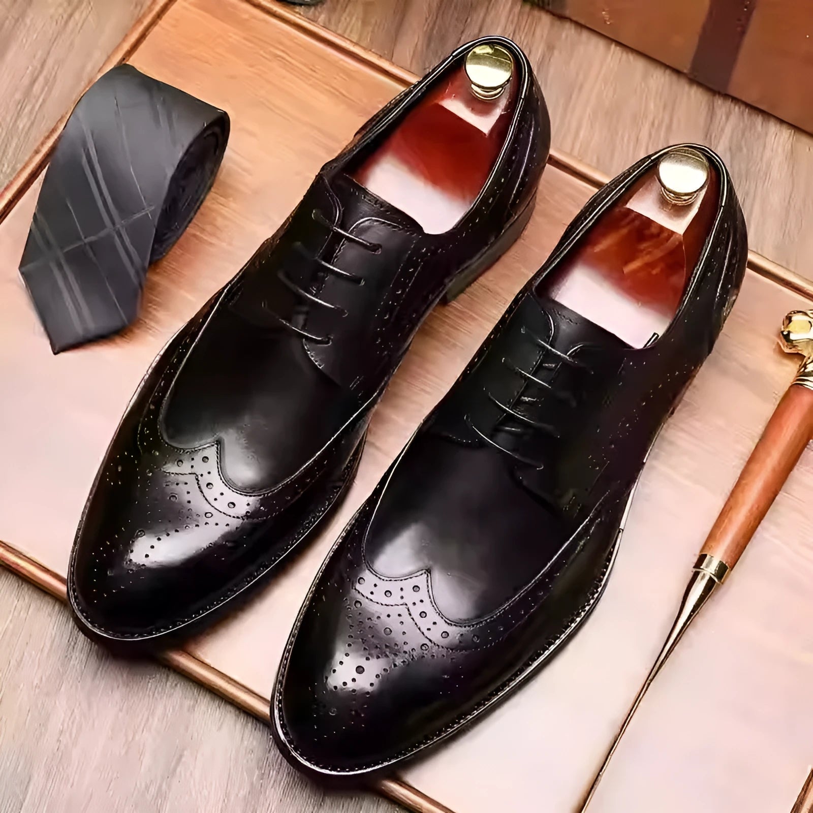 Men's British pointed toe brogue formal shoes with carved patterns in burgundy colour
