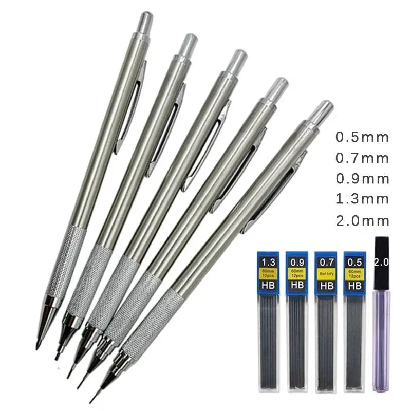 Metal automatic mechanical drafting pencil with multiple lead size options including 0.5mm and 2.0mm.