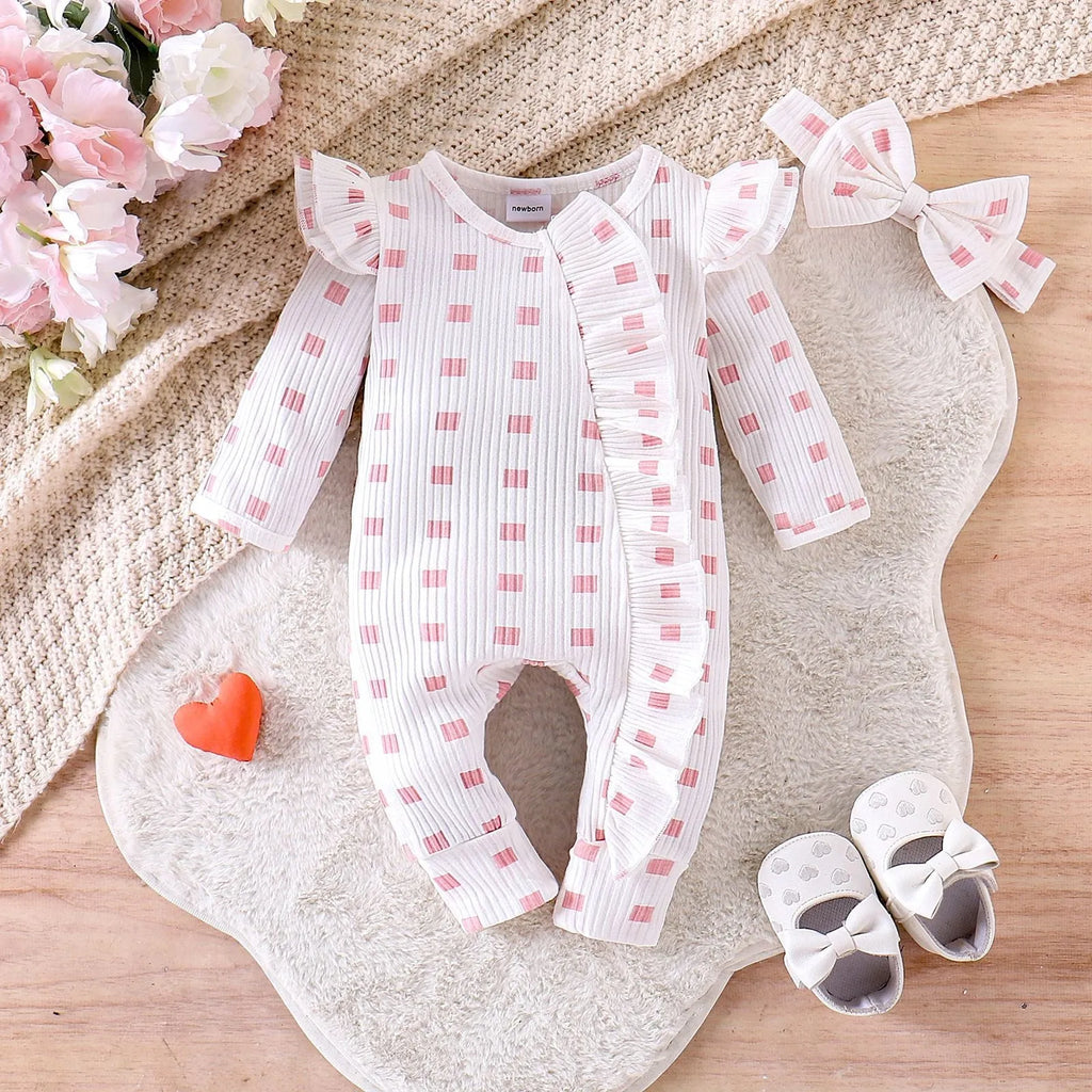 Cotton baby girl plaid long-sleeved romper in pink for spring autumn wear