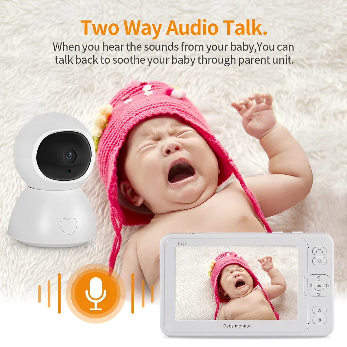 White 5-inch baby monitor surveillance camera with 3.6mm lens, 1080P resolution, and 100m infrared range.