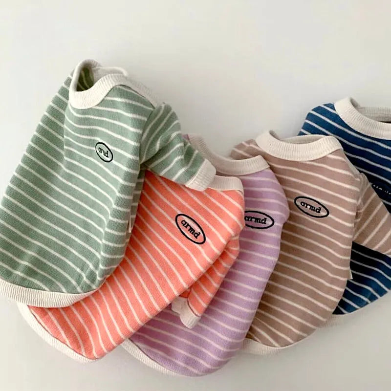 Simple Striped Printed Small Pet Dog Clothes in Cotton, Five Sizes from XS to XL for Tiny to Medium Dogs, Blue, Pink, Brown, Purple, Green, Casual Everyday Wear for Male and Female Pets