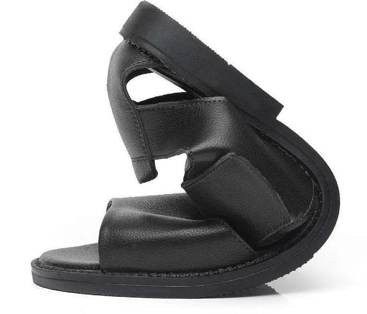 Men's black and brown casual sandals with cowhide upper and rubber sole