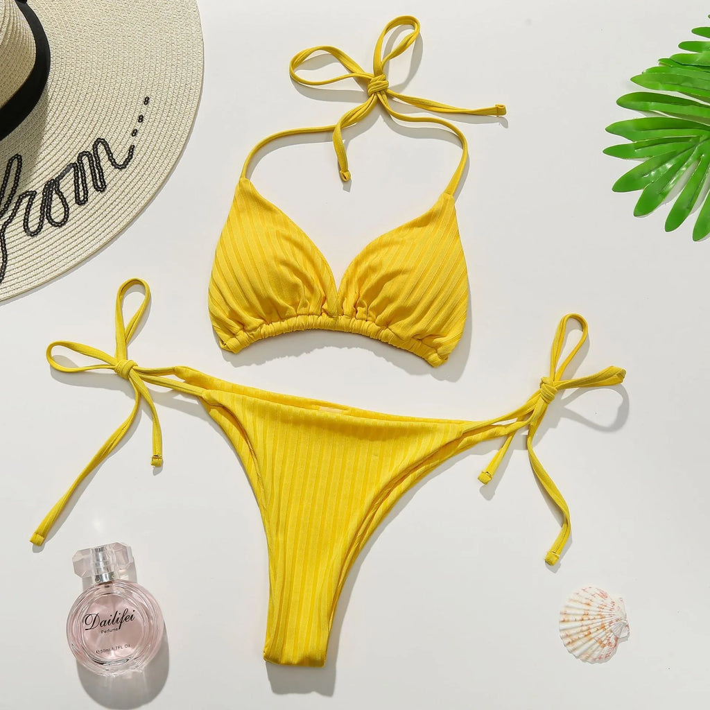 Women's solid colour triangle banded bikini swimsuit in yellow or dark green