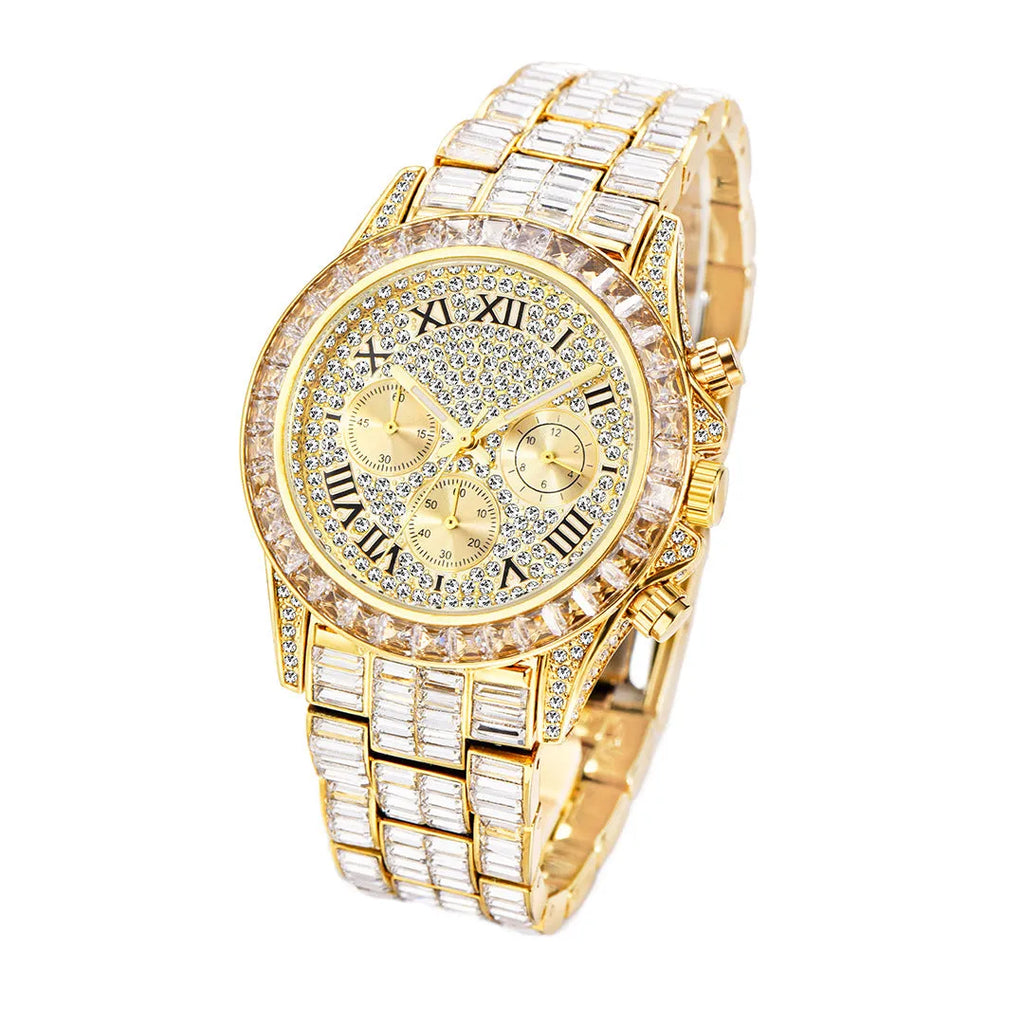 Three eyes rainbow diamond quartz watch for men with 33mm circular dial, gold colour option and 30M waterproof rating