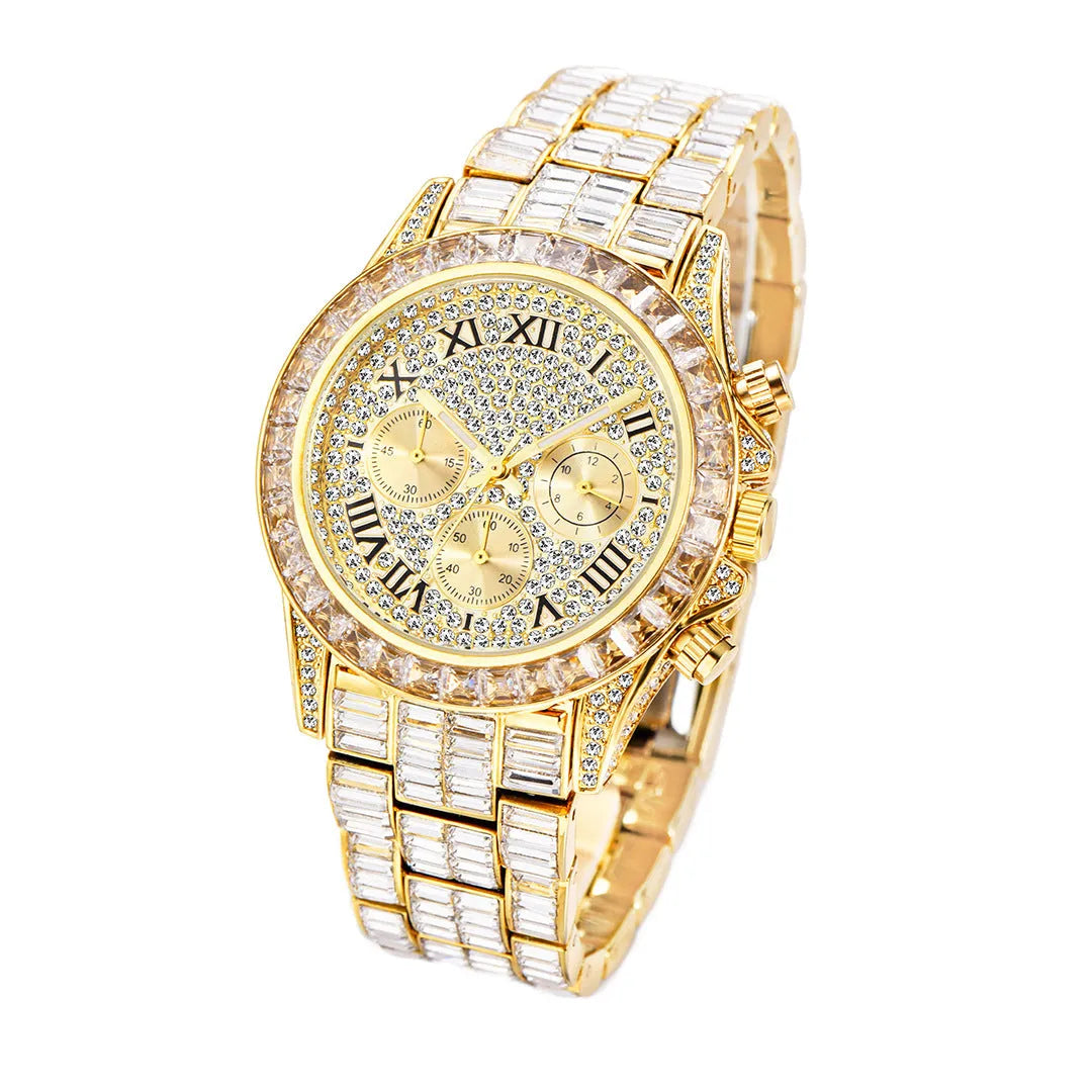 Three eyes rainbow diamond quartz watch for men with 33mm circular dial, gold colour option and 30M waterproof rating