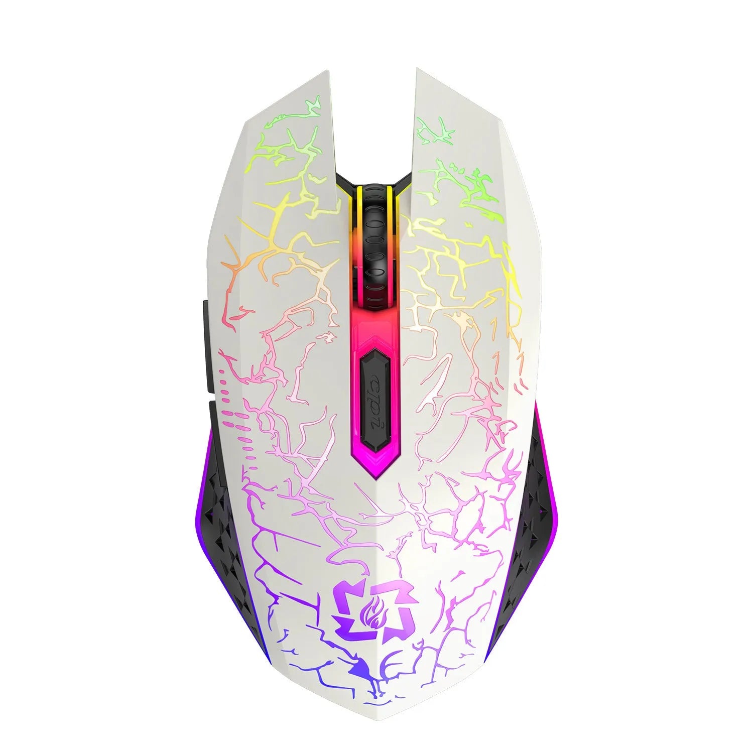 Black and white rechargeable wireless gaming mouse with RGB breathing light on desktop