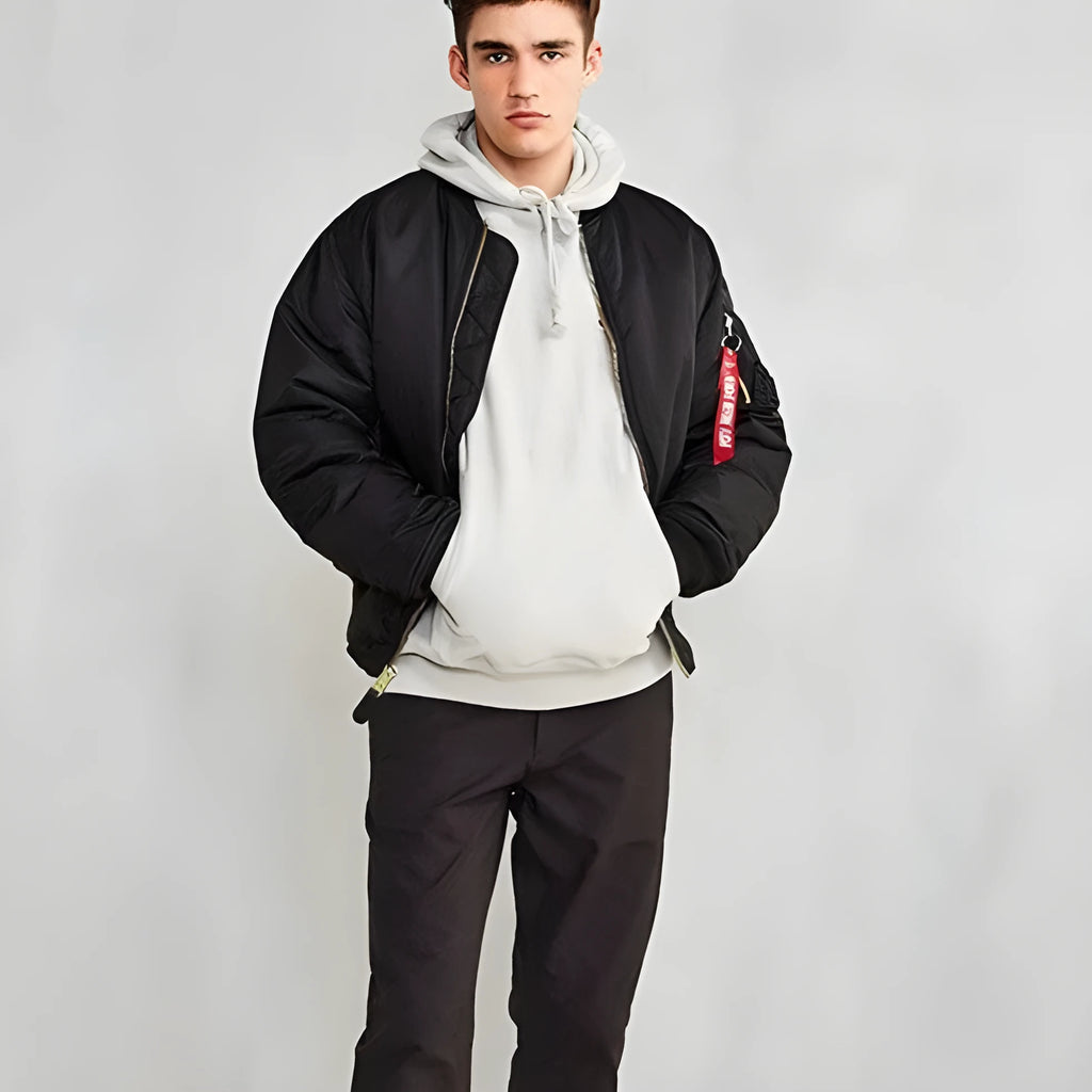 Men's army green cotton-padded pilot jacket with a loose fit and zipper front.