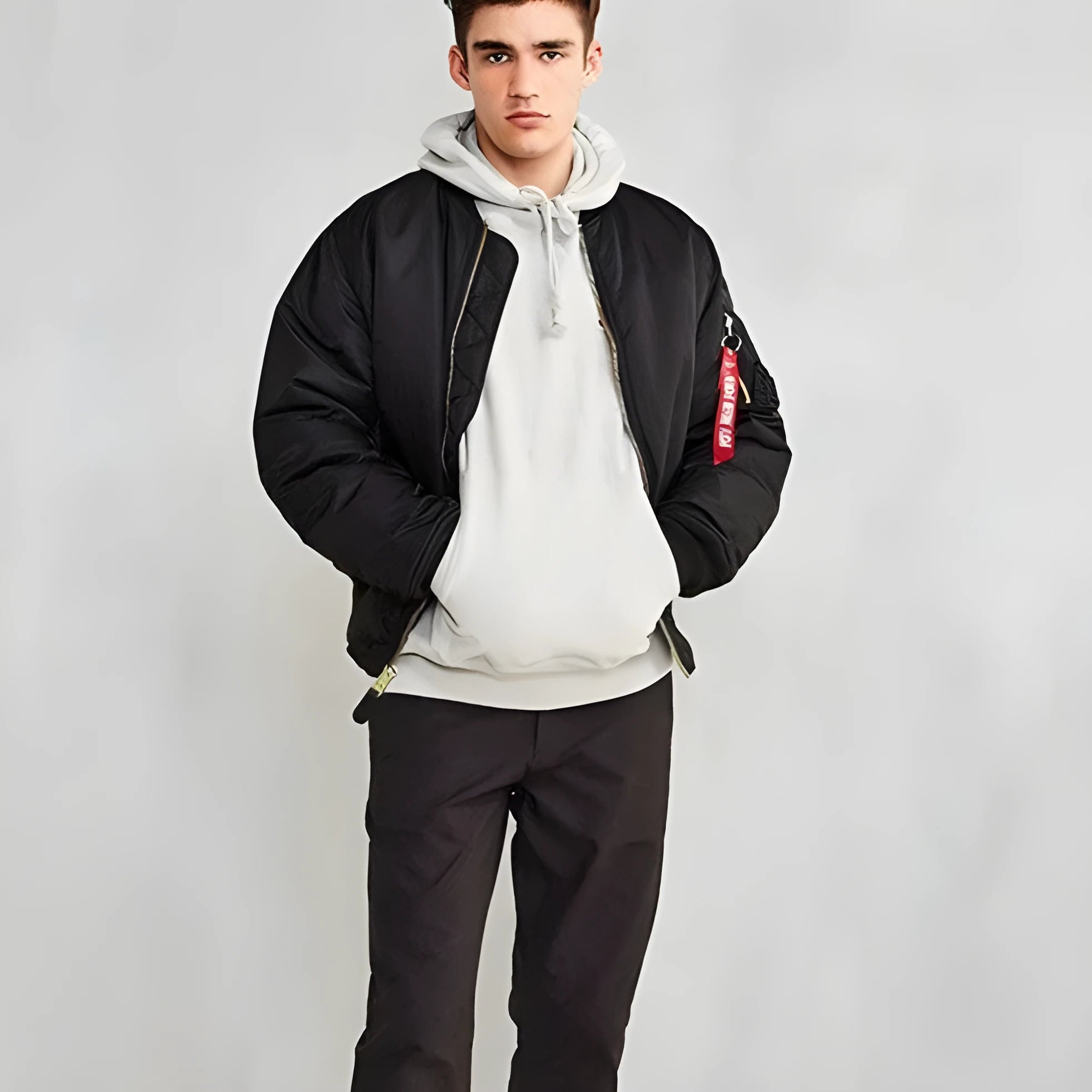 Men's army green cotton-padded pilot jacket with a loose fit and zipper front.