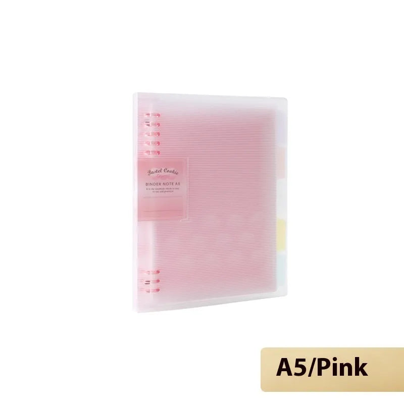 Refillable A5 and B5 spiral notebook with PP cover, shown in pastel cookie blue and plaid impression designs with loose-leaf paper.