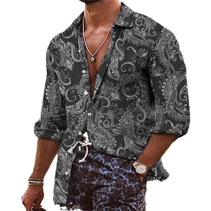 Men's loose-fit long sleeve shirt with a colourful bohemian style 3D floral pattern print.