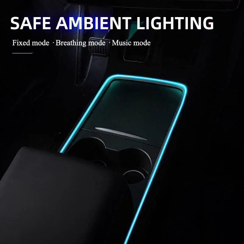 Car interior LED atmosphere lighting strip installed along dashboard with colour changing illumination