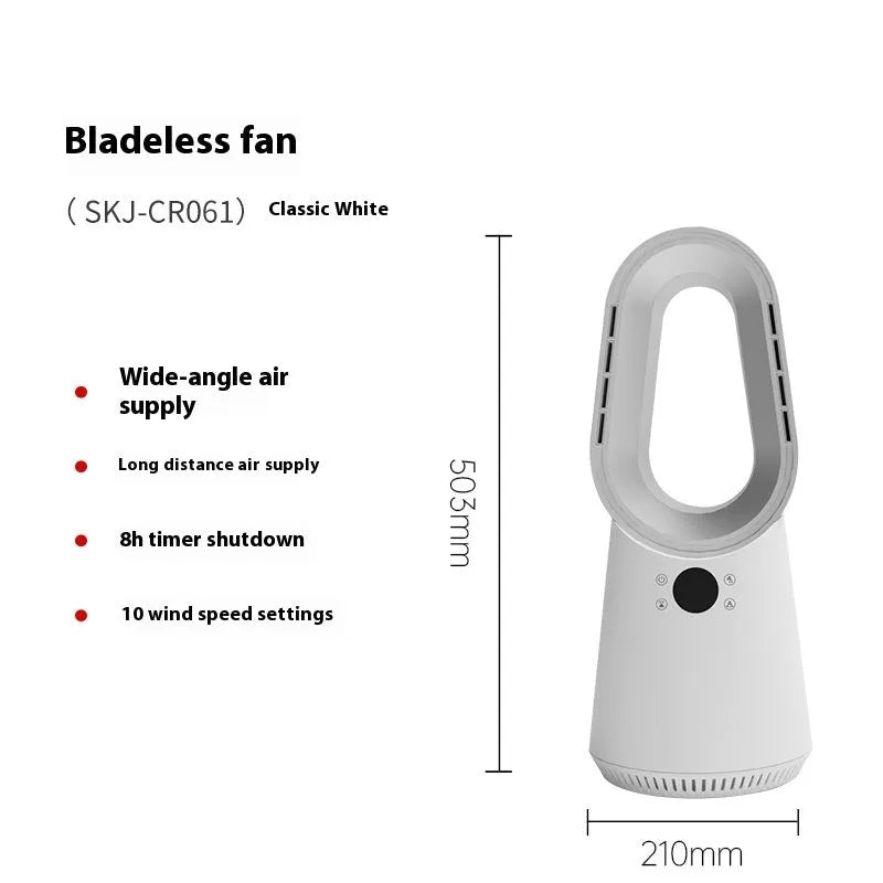 White SK bladeless tower floor fan with remote control on a wooden floor next to a desk.