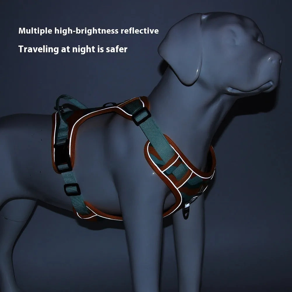 Orange reflective dog commuter rope with chest and back harness and hand-holding lead on a grey background