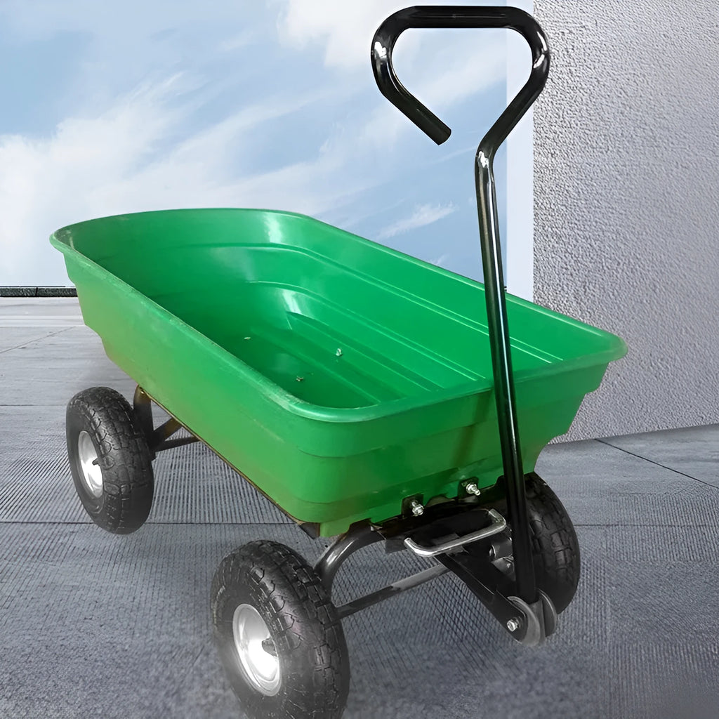 Green four-wheel plastic dump truck for agricultural tools with steel PP body and 350KG capacity