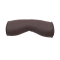 Minimalist brown car headrest with integrated neck pillow and lumbar support cushion.