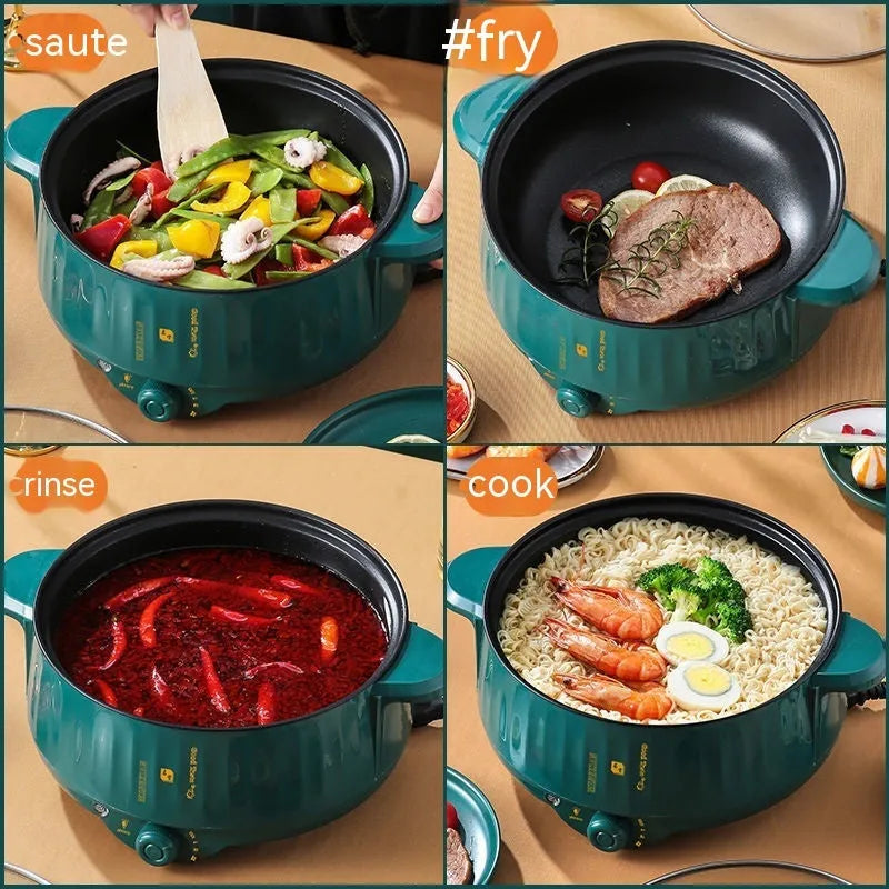 White electric non-stick pot with integrated heating element for steaming and frying