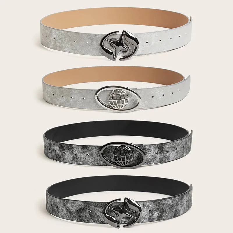Retro women's wide PU leather belt with a large oval alloy buckle in grey white colour.