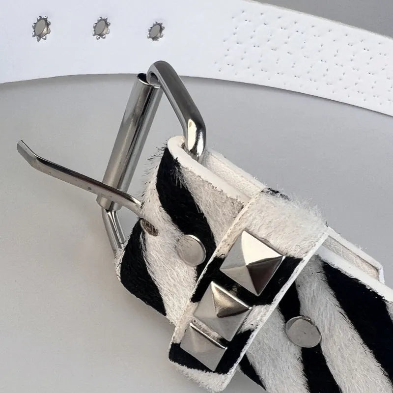 Punk women's PU leather belt with metal rivets and pyramid details in brown leopard, white zebra, or rose red patterns with alloy pin buckle