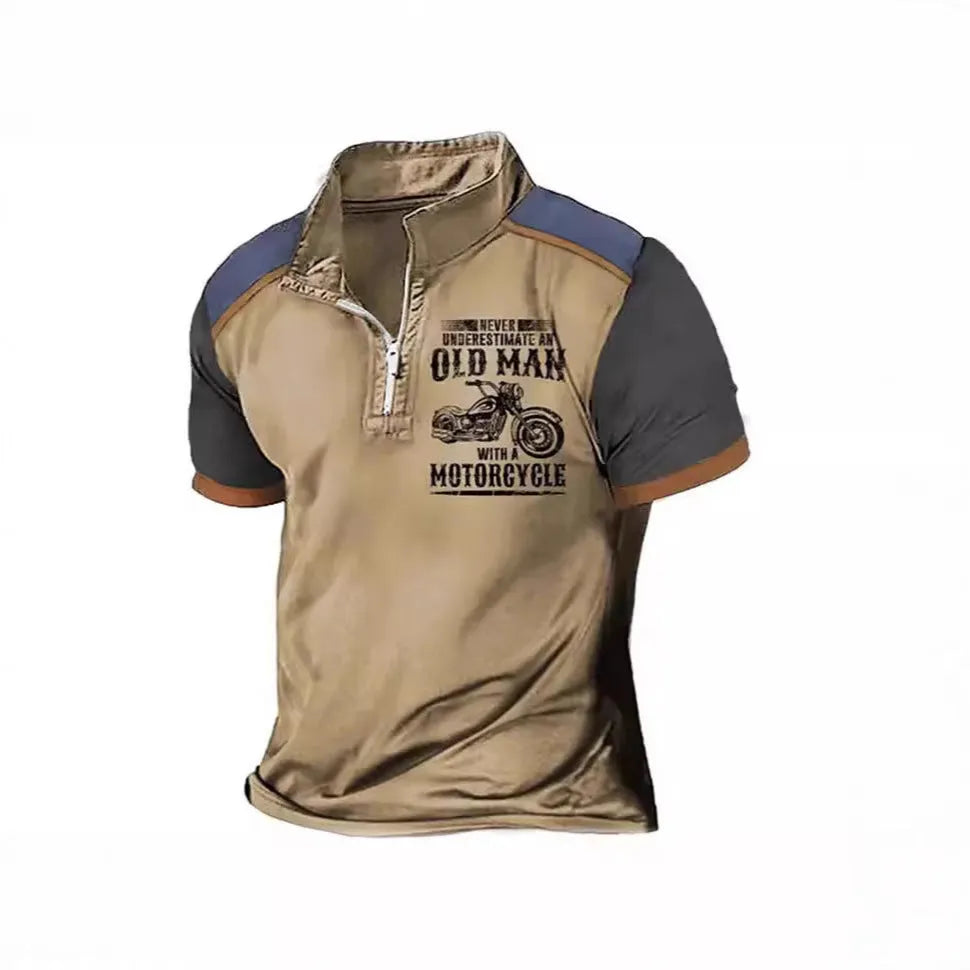 Men's casual short-sleeve polo shirt with digital printing on the lapel and zipper decorative details.