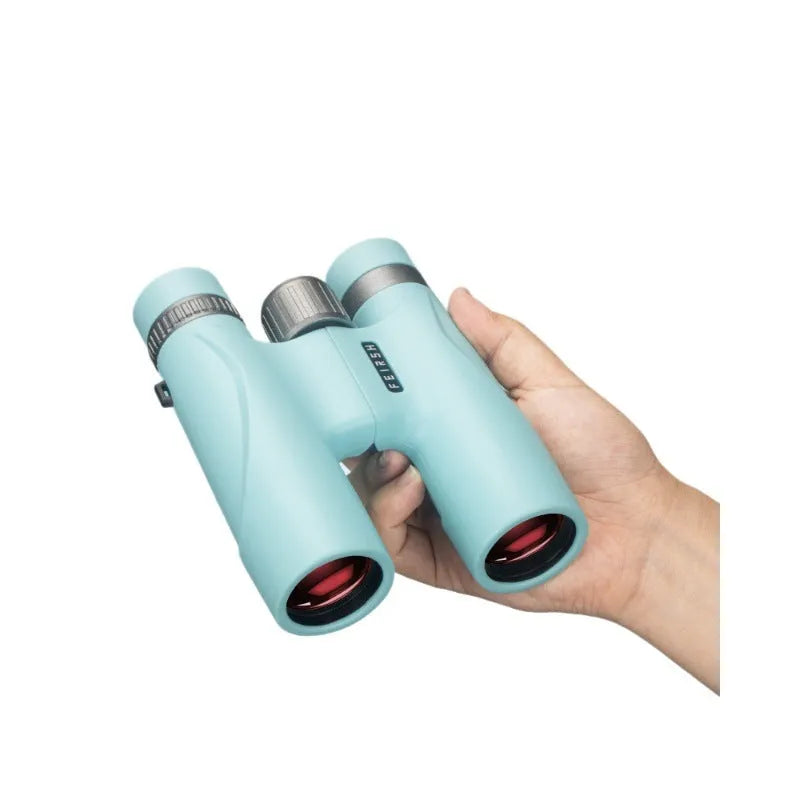 Blue or grey 10x32 plastic binoculars with wine red film imaging lenses on a flat surface.