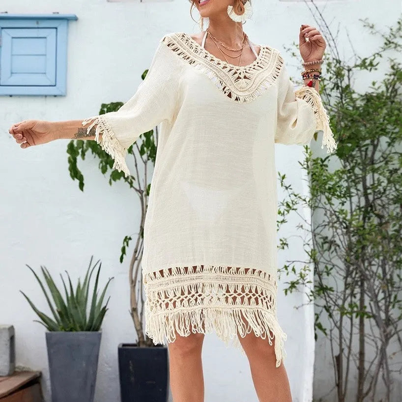 Apricot crocheted patchwork beach dress with splicing details and half sleeves