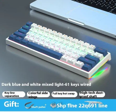 Bluish black 61-key compact mechanical keyboard with hot-swappable sockets and coloured keycaps.