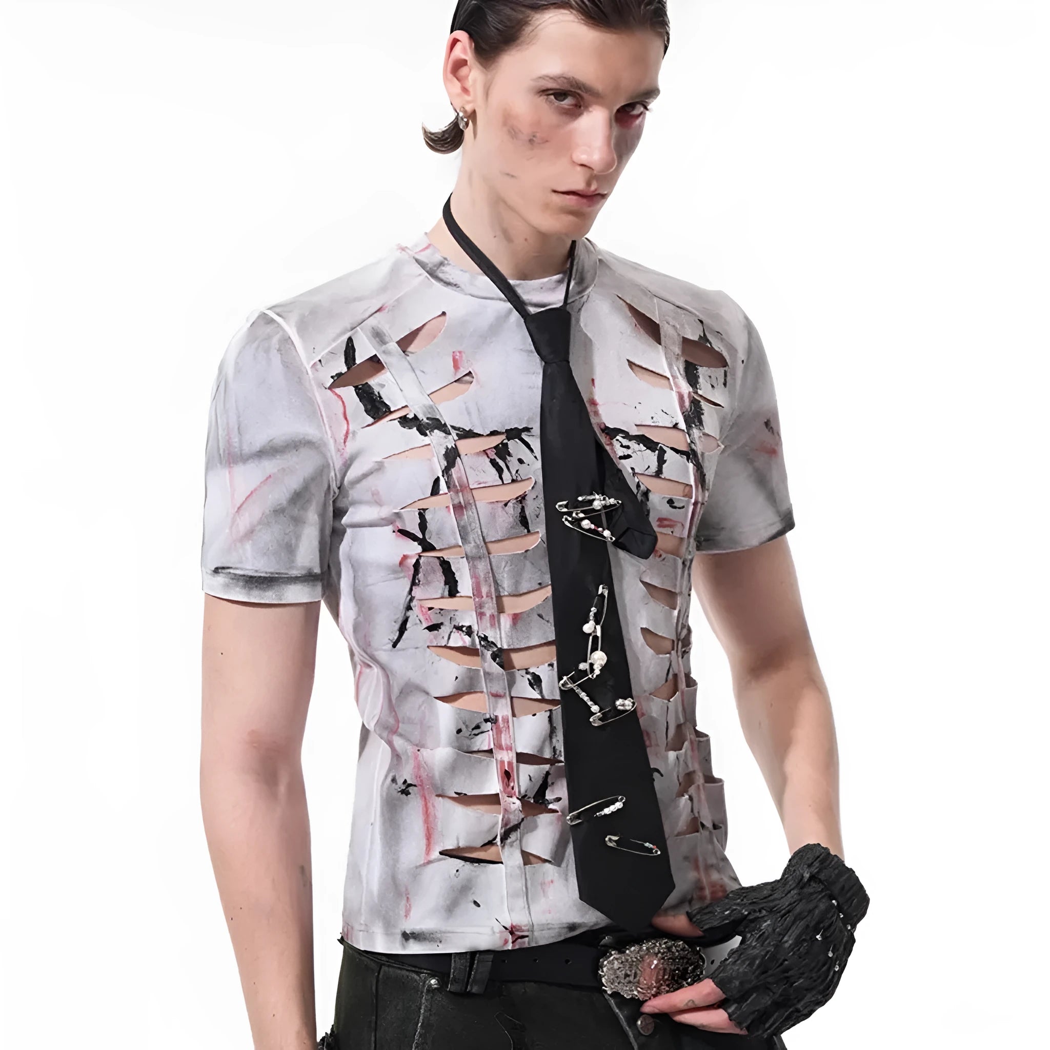 White men's cotton t-shirt with cut-out hollow-out detailing on short sleeves