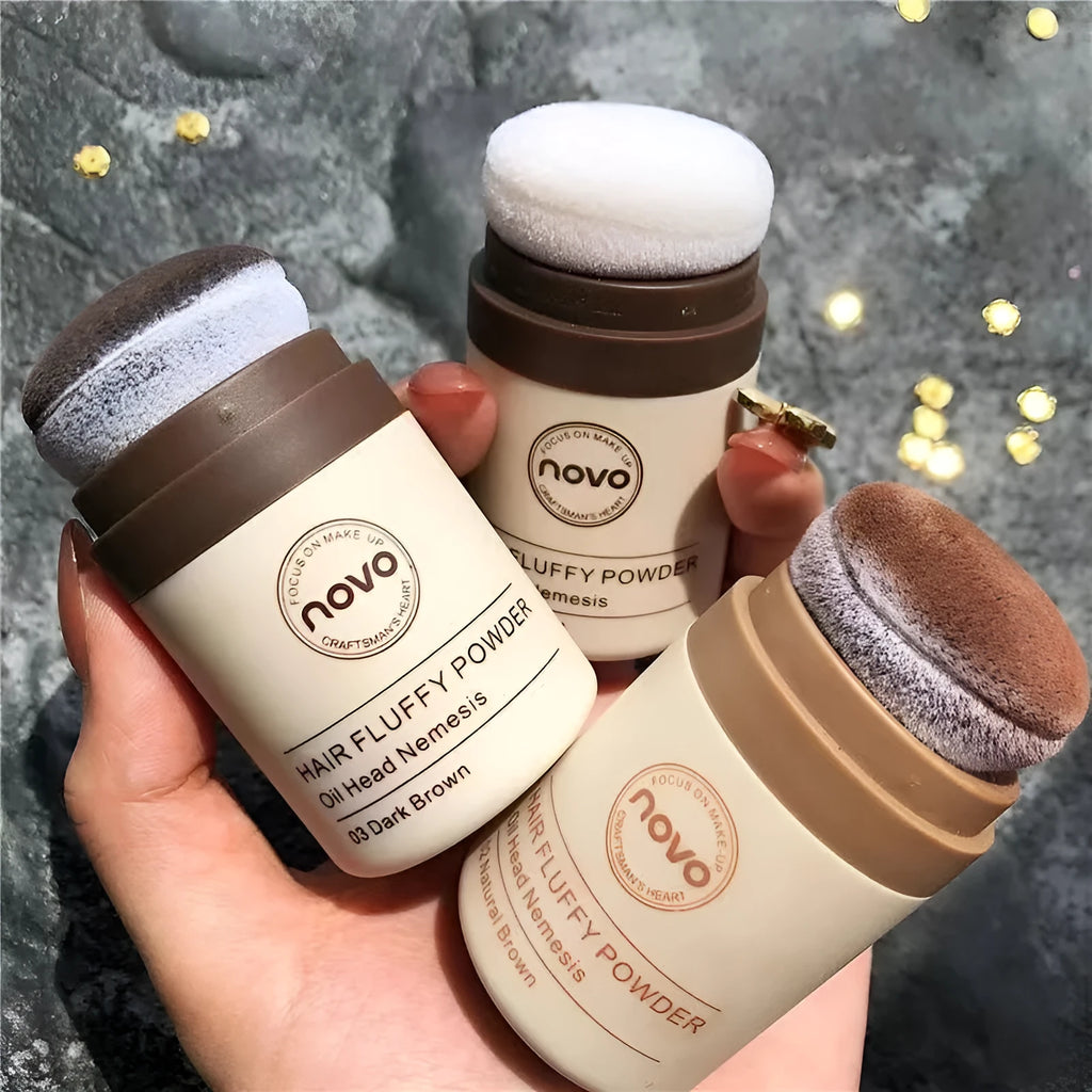 Oil control booster powder for hair and face in four shade variants including brown and dark brown