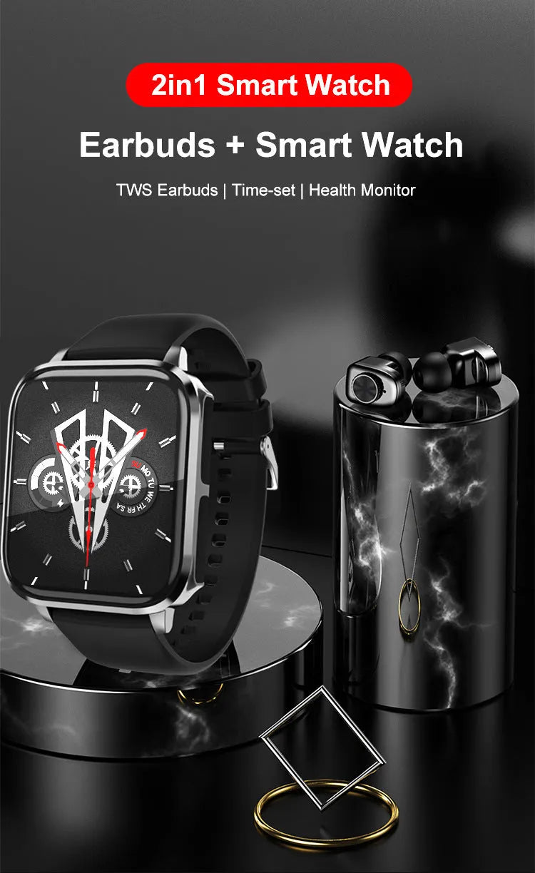 Black two-in-one Bluetooth smart watch with TFT touchscreen and headset for calls, heart rate and blood pressure monitoring