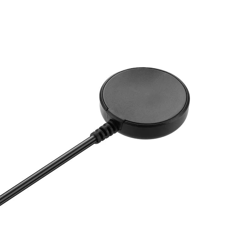 Black plastic USB wireless fast charger for watches, measuring 34mm by 10mm.