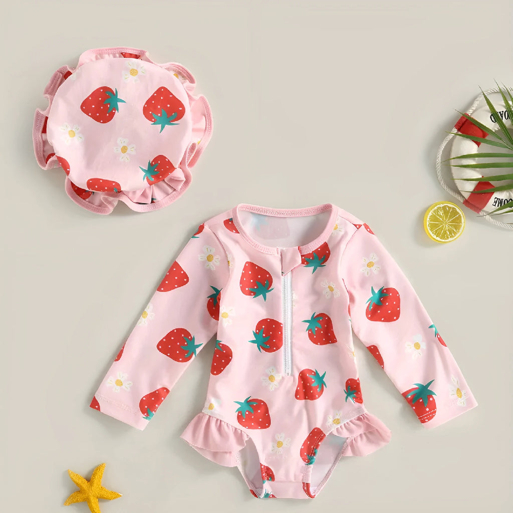 Baby girl one-piece swimsuit with matching hat in pink, light yellow or dark pink, sizes 6-9M to 2-3Y
