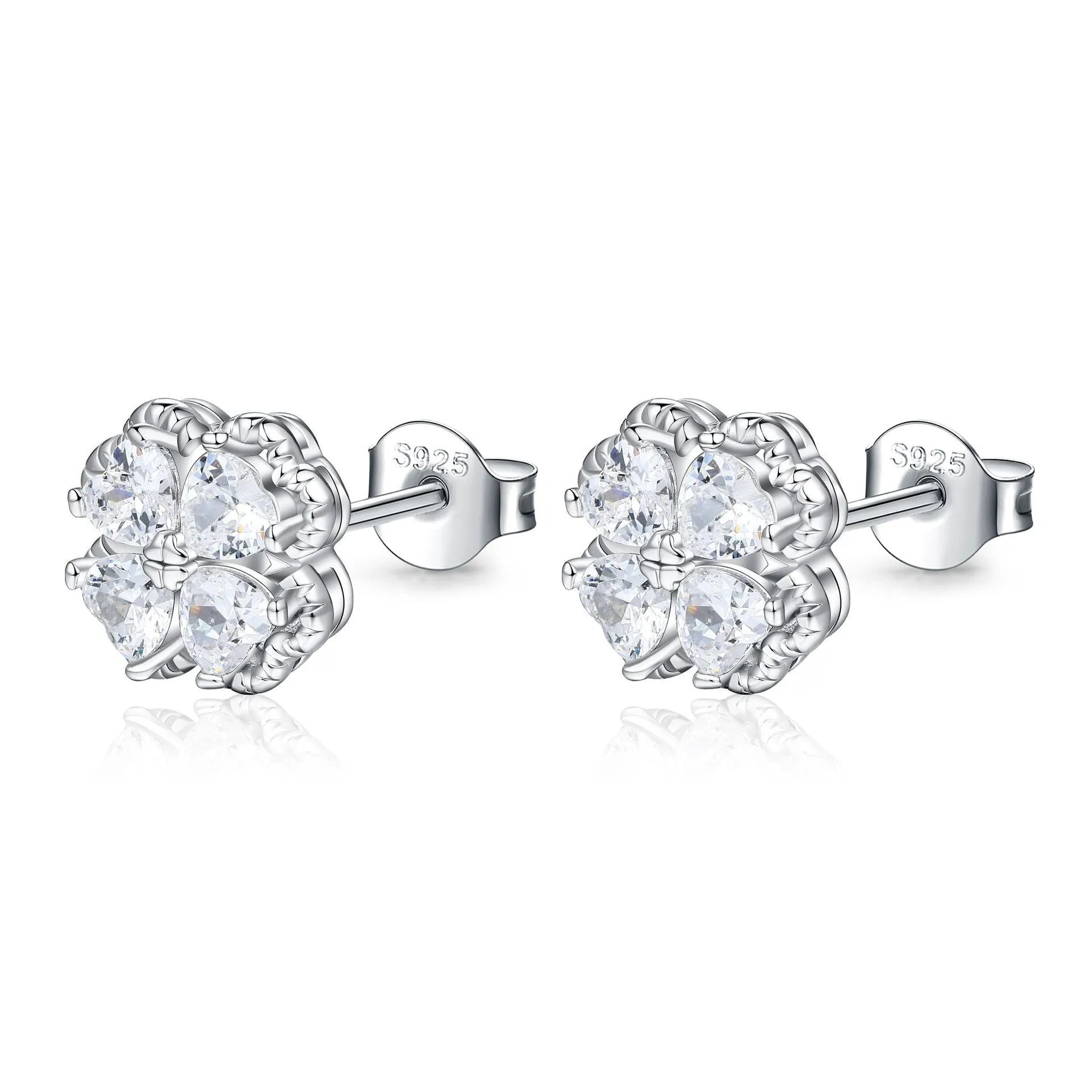 Women's white gold colour heart-shaped 925 silver earrings with zircon stones and four-leaf clover design