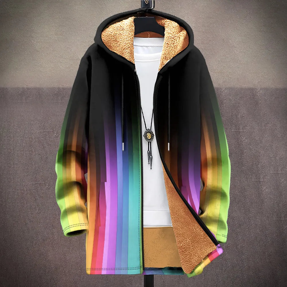 Man wearing a multicolour patterned zip-up hooded cardigan in a loose fit style.