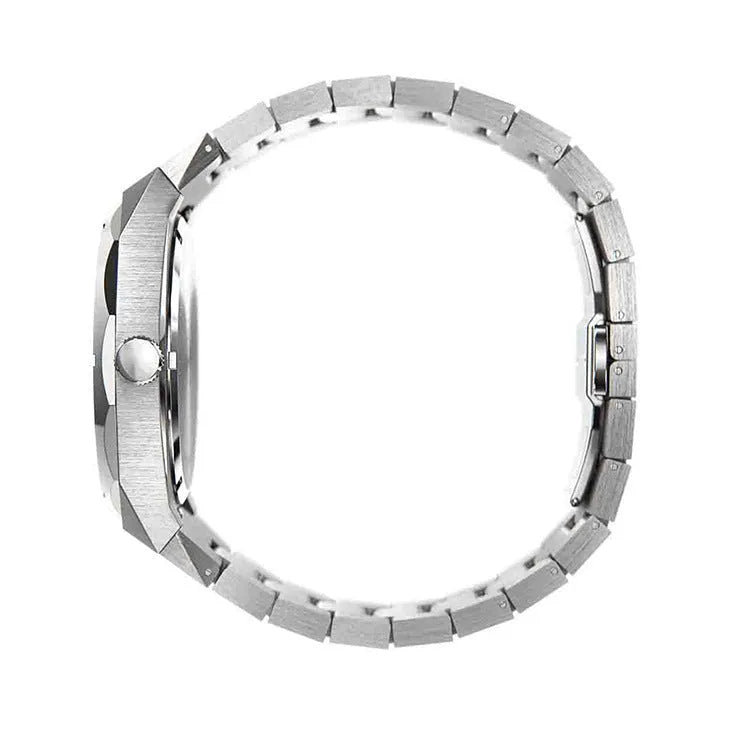 Men's stainless steel wristwatch with a metallic dial, shown on a wrist, featuring a butterfly clasp.