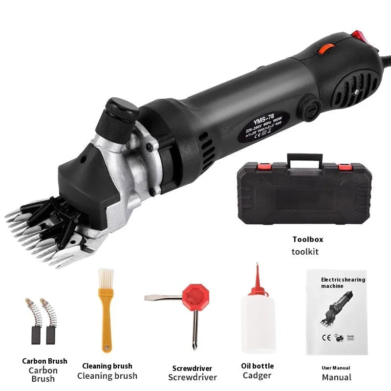 Yellow electric wool shears and accessory kit for 110V sheep shearing, including multiple blades in a plastic case.
