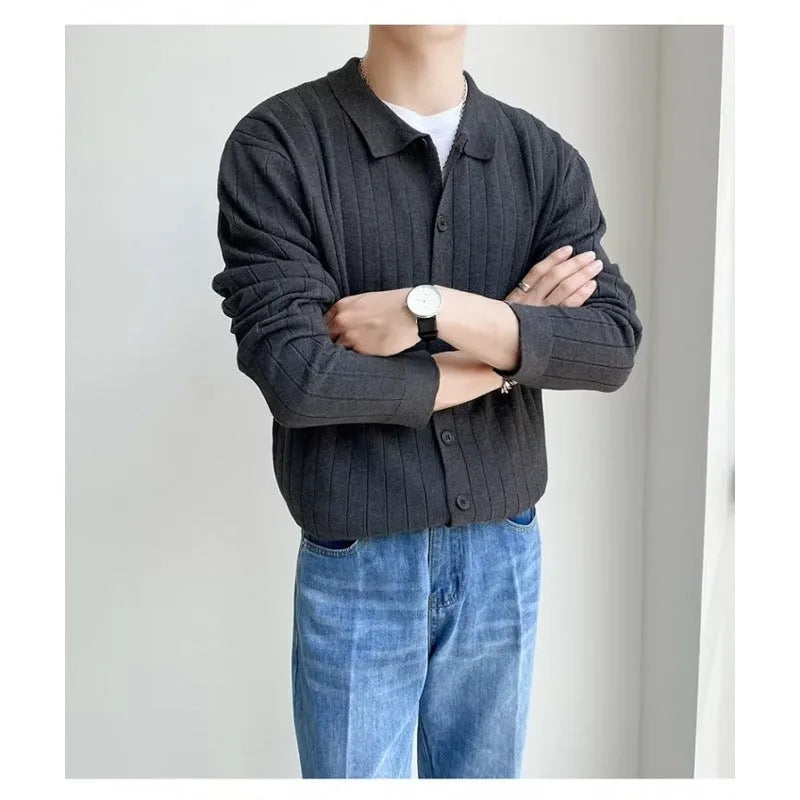 Men's loose fit cotton chenille cardigan sweater with lapel collar, available in green grey black white