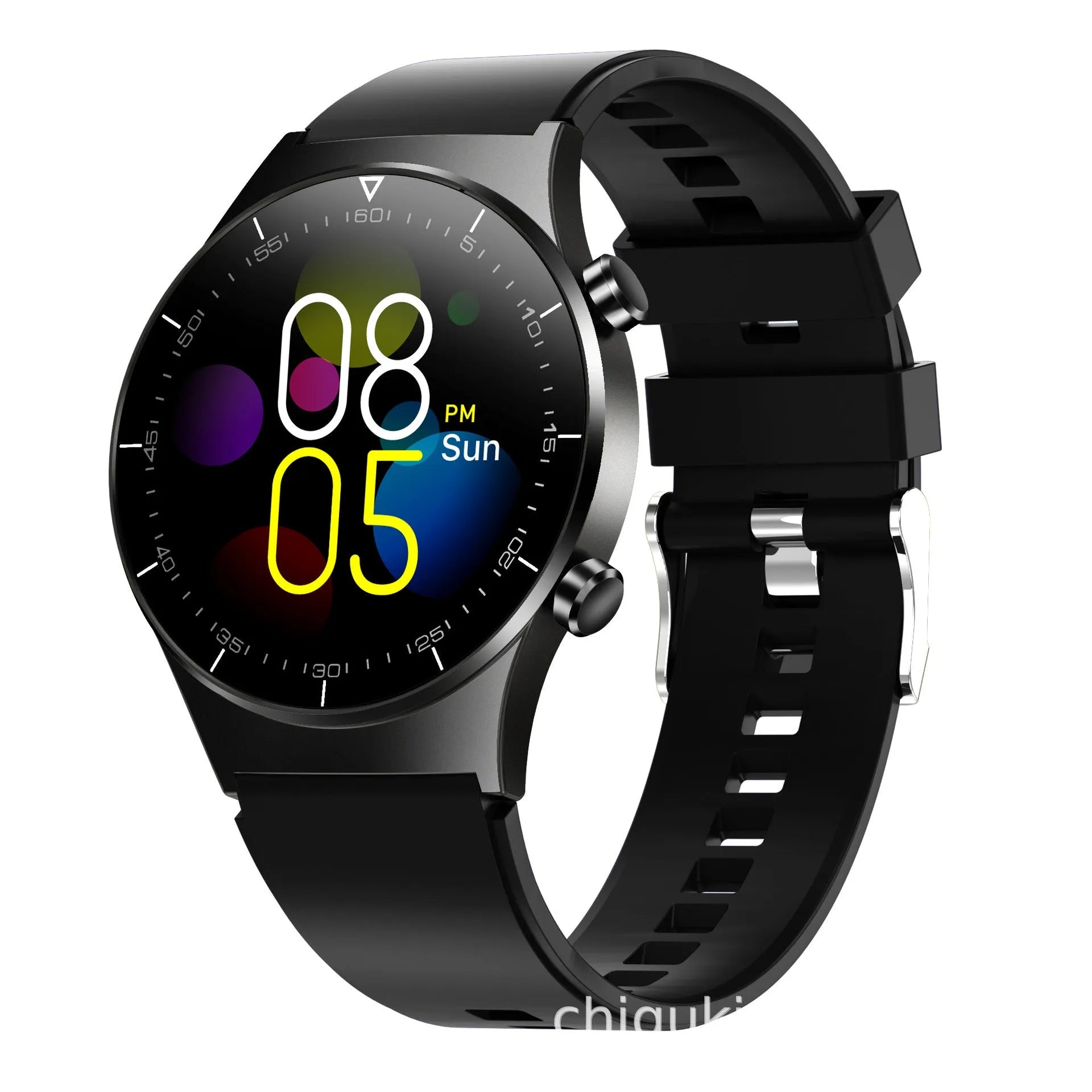Black TPU smart watch with 1.28 inch glass touchscreen showing heart rate display