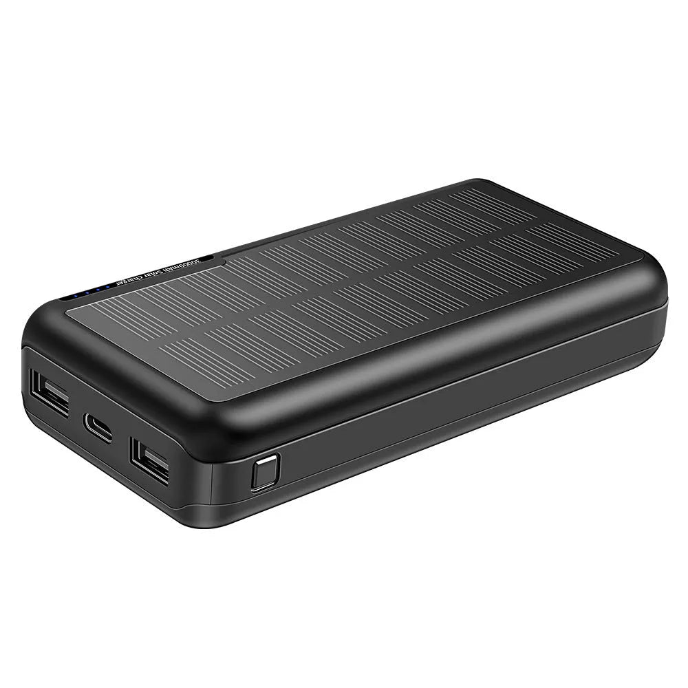 30000mAh all black portable power bank with solar panel, 142x69x29mm