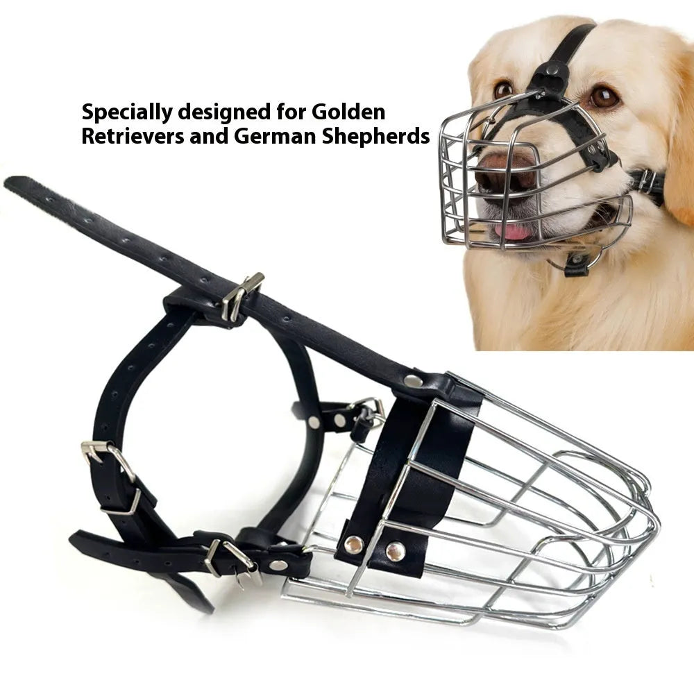 Black metal wire basket muzzle for a golden retriever or German shepherd dog.